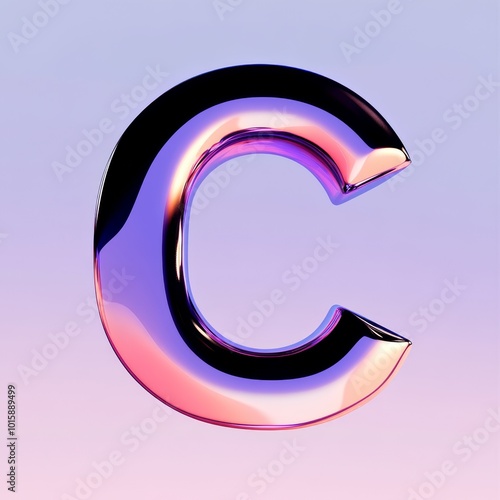 The letter "C", made in 3D style. front view. The letter is filled with abstract geometric shapes and lines, playing with light and shadow. The background is a gradient from light purple to deep blue