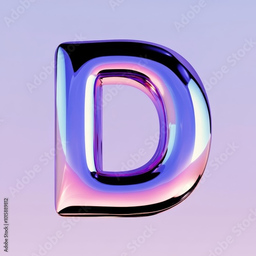 The letter "D", made in 3D style. front view. The letter is filled with abstract geometric shapes and lines, playing with light and shadow. The background is a gradient from light purple
