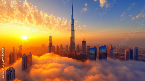 Dubai's stunning skyline, covered in clouds at sunset. This modern city in the United Arab Emirates is a vibrant, international metropolis. The picture is incredibly clear and detailed.