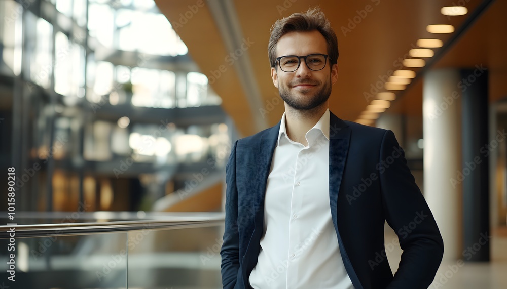 Portrait of a smiling man in a suit and glasses, standing in a modern office building.