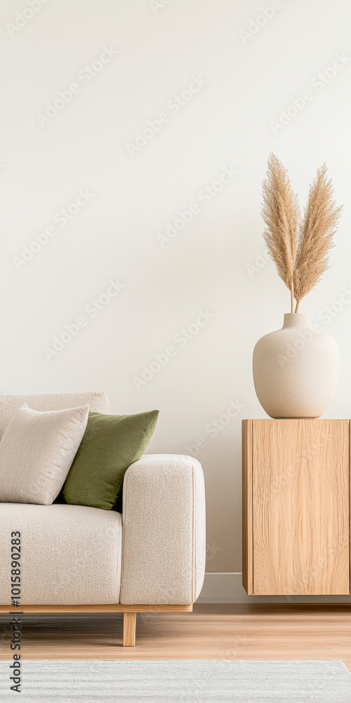 Modern living room with a cozy couch and decorative vase showcasing natural elements Modern living room with a cozy couch and decorative vase showcasing natural elements