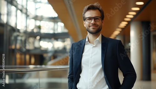 Obraz na płótnie Portrait of a smiling man in a suit and glasses, standing in a modern office building. w salonie
