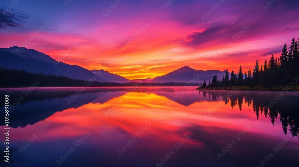Fototapeta premium Sunset wallpaper showing beautiful, colorful sunset over a lake with mountains in the background