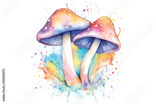 Watercolor Mushroom Wonders, Mystical Mushroom Vector Art, photo