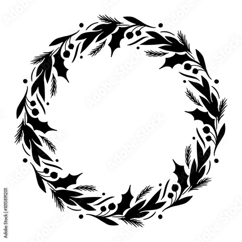 Hand drawn christmas wreath. Monochrome winter frame. Round christmas border.