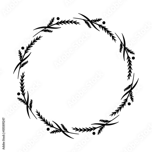 Hand drawn christmas wreath. Monochrome winter frame. Round christmas border.
