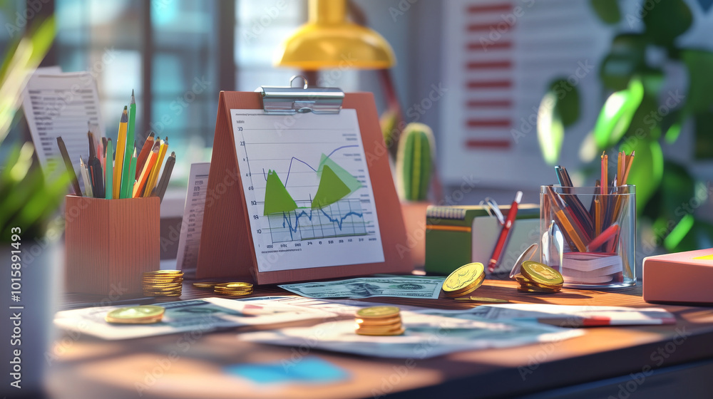 This illustration shows an accountant's desk with money, coins, and financial charts. It's a 3D design that gives a clear view of everything. This illustration shows an accountant's desk with money, coins, and financial charts. It's a 3D design that gives a clear view of everything.