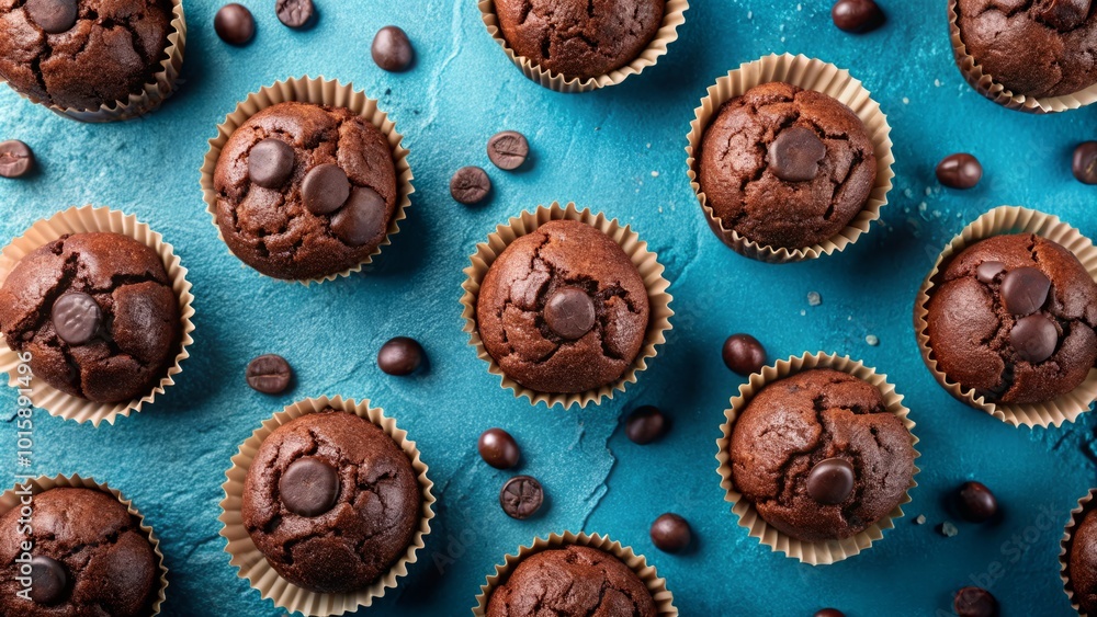 Vibrant Chocolate Muffins on Blue Background - Indulgent Macro Photography Vibrant Chocolate Muffins on Blue Background - Indulgent Macro Photography