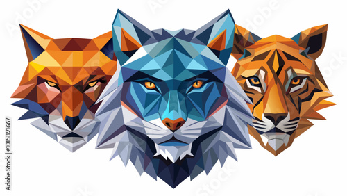 Low poly triangular dog wild wolf face on grey background, symmetrical vector illustration isolated. Polygonal style trendy modern logo design. Suitable for printing 