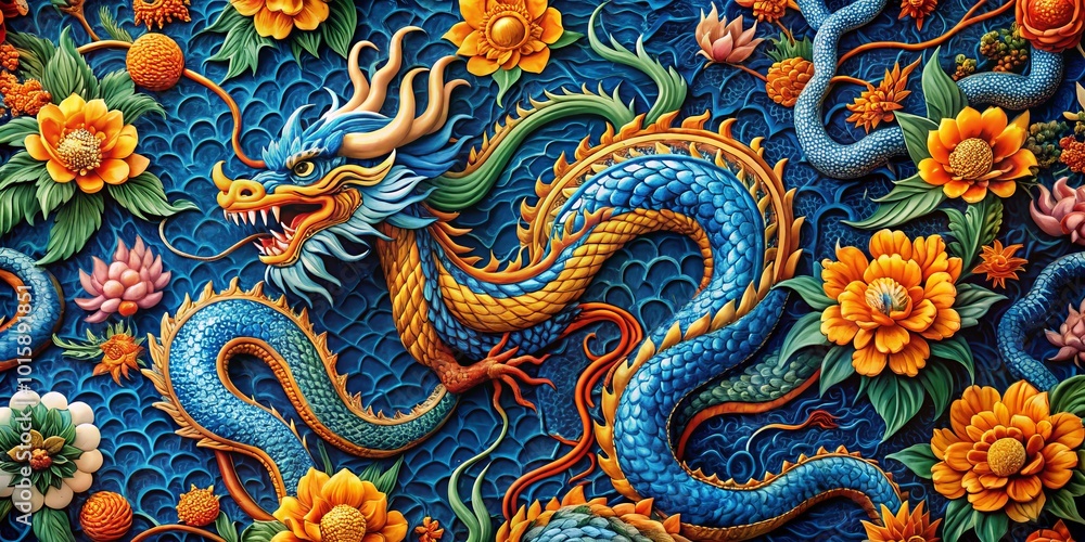 Vibrant Dragon Pattern with Intricate Designs in High Dynamic Range - Colorful Blue and Orange Dragons Intertwined with Vibrant Dragon Pattern with Intricate Designs in High Dynamic Range - Colorful Blue and Orange Dragons Intertwined with