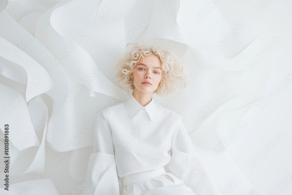 Woman posing lying down wearing white shirt surrounded by white paper rolls Woman posing lying down wearing white shirt surrounded by white paper rolls