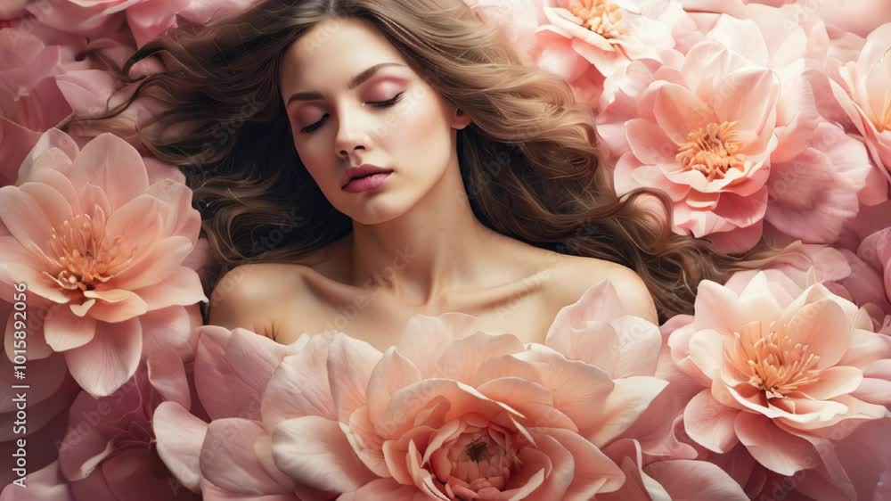Fantasy portrait of a woman among pink flower petals Fantasy portrait of a woman among pink flower petals