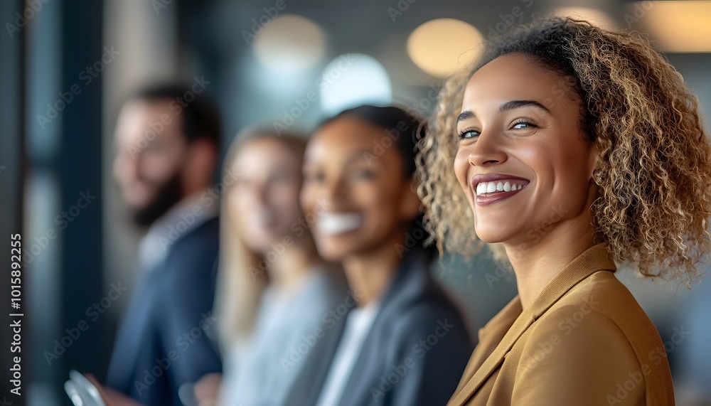 Smiling Woman with Curly Hair in Professional Setting Smiling Woman with Curly Hair in Professional Setting