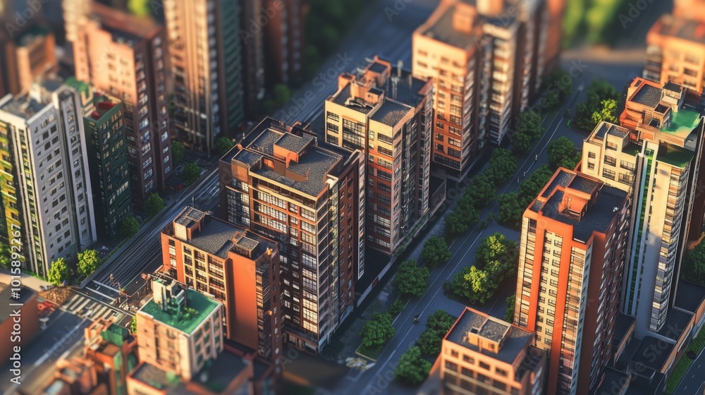 Fototapeta premium Aerial view of a city with tall buildings and streets, with a shallow depth of field.