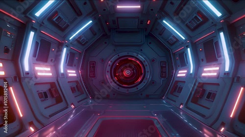 Journey into the heart of a spaceship with this view of a glowing engine room, surrounded by intricate machinery and futuristic technology.