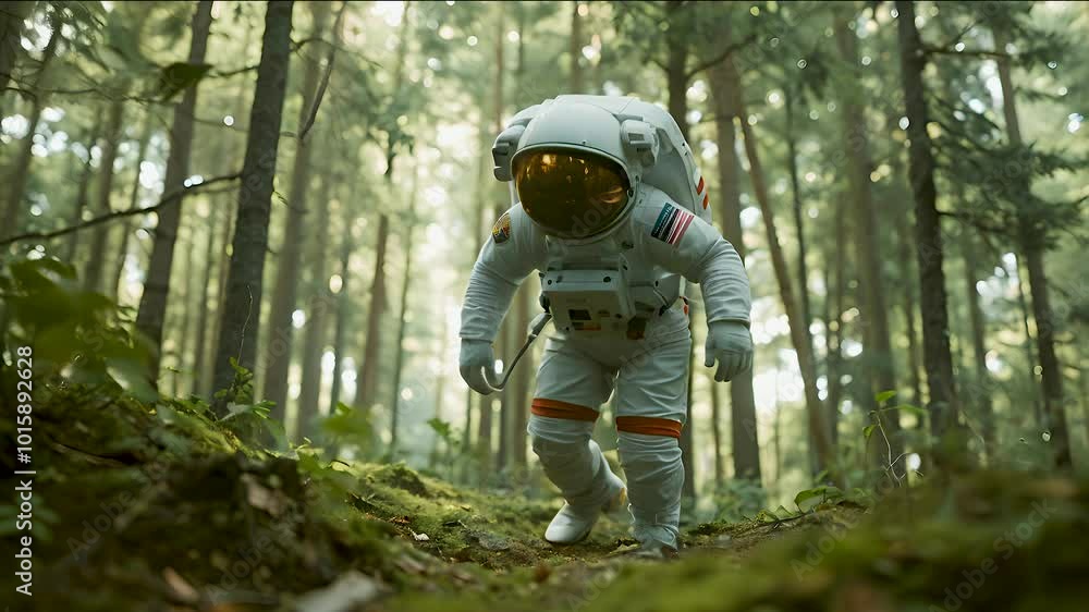 A lone astronaut explores a vibrant forest, searching for new life and discoveries. A lone astronaut explores a vibrant forest, searching for new life and discoveries.