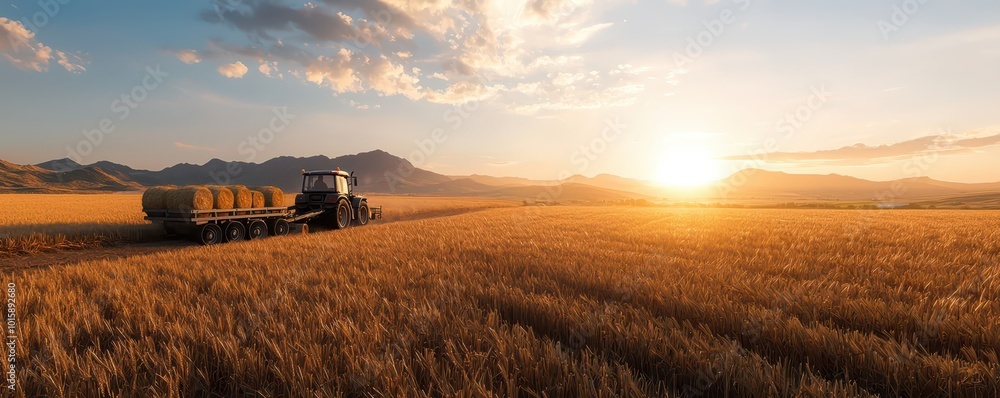 Fototapeta premium A vibrant scene depicting a tractor pulling carts filled with hay bales across a sunlit field.