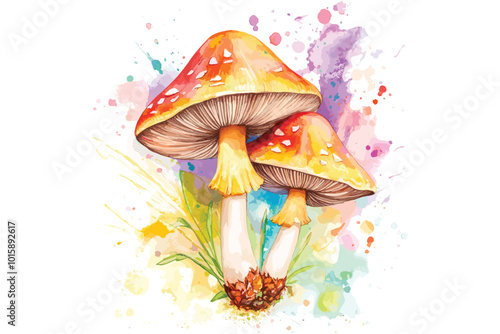 Watercolor Mushroom Wonders, Mystical Mushroom Vector Art, photo