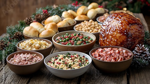 Christmas Dinner Table with Glazed Ham Side Dishes Rolls