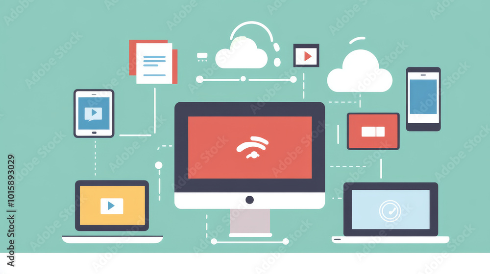 A picture showing a computer screen, tablet, phone, and laptop connected to a cloud. It represents how people use cloud technology to connect their devices. A picture showing a computer screen, tablet, phone, and laptop connected to a cloud. It represents how people use cloud technology to connect their devices.