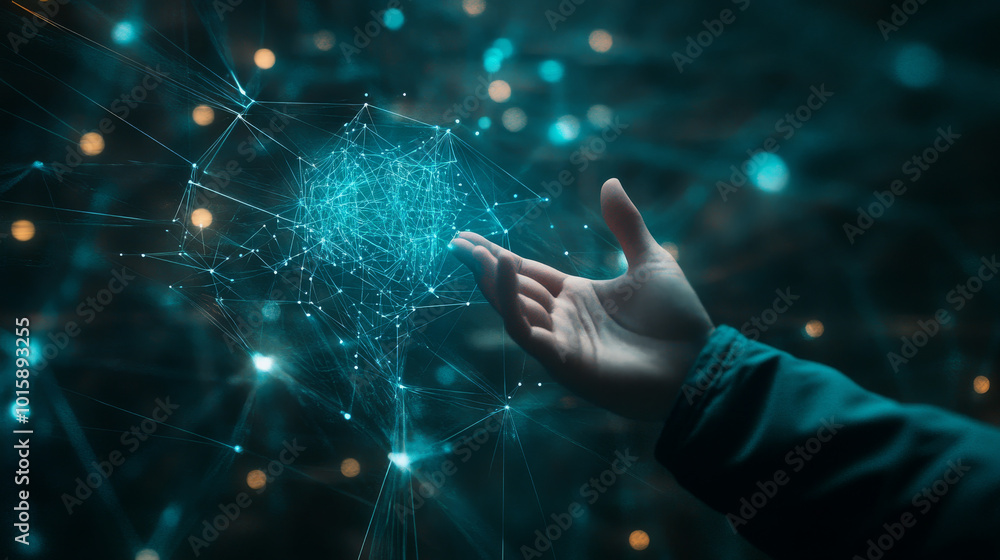 A businessman's hand reaches out towards a digital network, connecting businesses globally. The image, created with 3D technology, shows the vast reach of online business in a dark, futuristic setting A businessman's hand reaches out towards a digital network, connecting businesses globally. The image, created with 3D technology, shows the vast reach of online business in a dark, futuristic setting