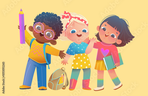 Girls and boy student of elementary school, children friends characters reading books and studying. Kids education and learning design. Isolated vector illustration for school and kindergarten.