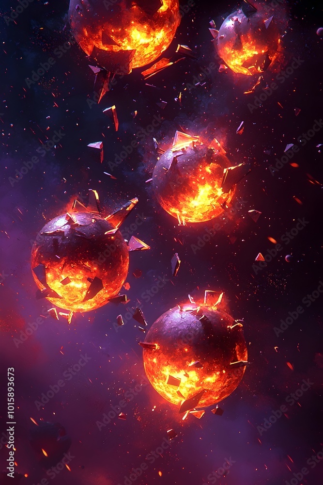 Fiery orbs explode and shatter against a deep purple backdrop, creating a stunning visual spectacle of cosmic destruction. Fiery orbs explode and shatter against a deep purple backdrop, creating a stunning visual spectacle of cosmic destruction.