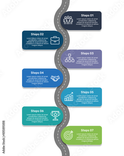 7 Steps Infographic timeline. Business template presentation design. Milestone, Roadmap, Strategy and Plan. Vector illustration.