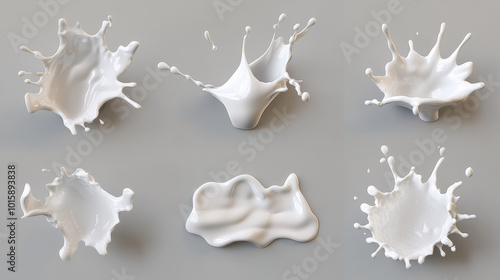 A collection of milk splashes, looking very real, with different shapes and droplets. They are shown against a plain grey background.