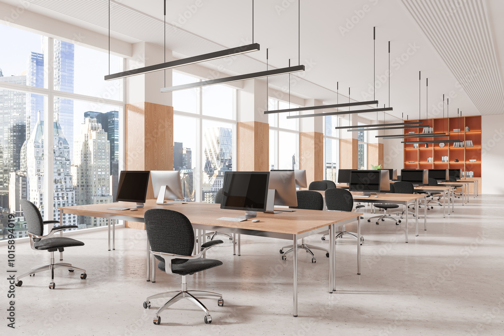 Stylish coworking interior with tables and pc monitors, panoramic window Stylish coworking interior with tables and pc monitors, panoramic window