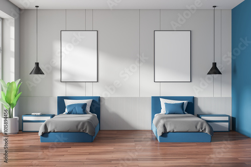 Bild auf Leinwand Colored home bedroom interior with twin bed and nightstands