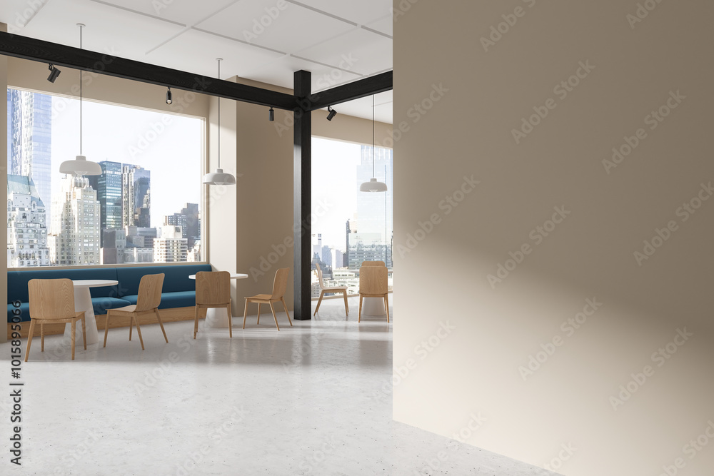 A modern cafe interior featuring large windows, tables, and chairs, with an empty wall for mockup. Urban cityscape in the background. 3D Rendering A modern cafe interior featuring large windows, tables, and chairs, with an empty wall for mockup. Urban cityscape in the background. 3D Rendering