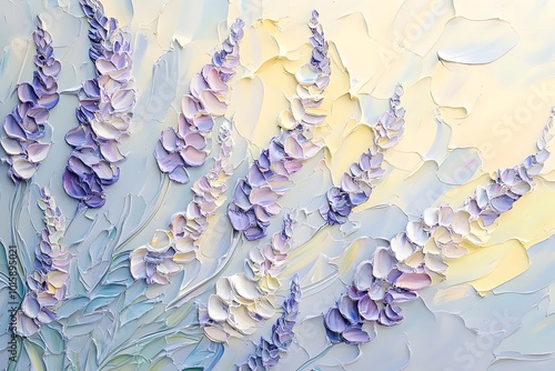 A delicate and vibrant oil painting of lavender flowers in hues of purple, pink, and yellow, capturing the essence of summer.