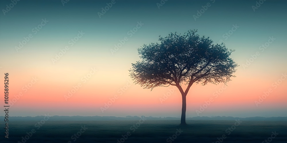 A lone tree stands tall against a colorful sunrise, its silhouette a stark contrast against the soft hues of the sky. A lone tree stands tall against a colorful sunrise, its silhouette a stark contrast against the soft hues of the sky.