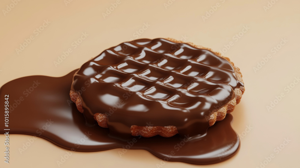 A single chocolate wafer, with melted chocolate drizzled in the center, stands out against a plain background. The image is a realistic 3D design. A single chocolate wafer, with melted chocolate drizzled in the center, stands out against a plain background. The image is a realistic 3D design.