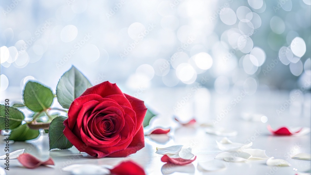 Single red rose with petals, romantic and elegant, perfect for Valentine's Day, dreamy bokeh background, copy space Single red rose with petals, romantic and elegant, perfect for Valentine's Day, dreamy bokeh background, copy space
