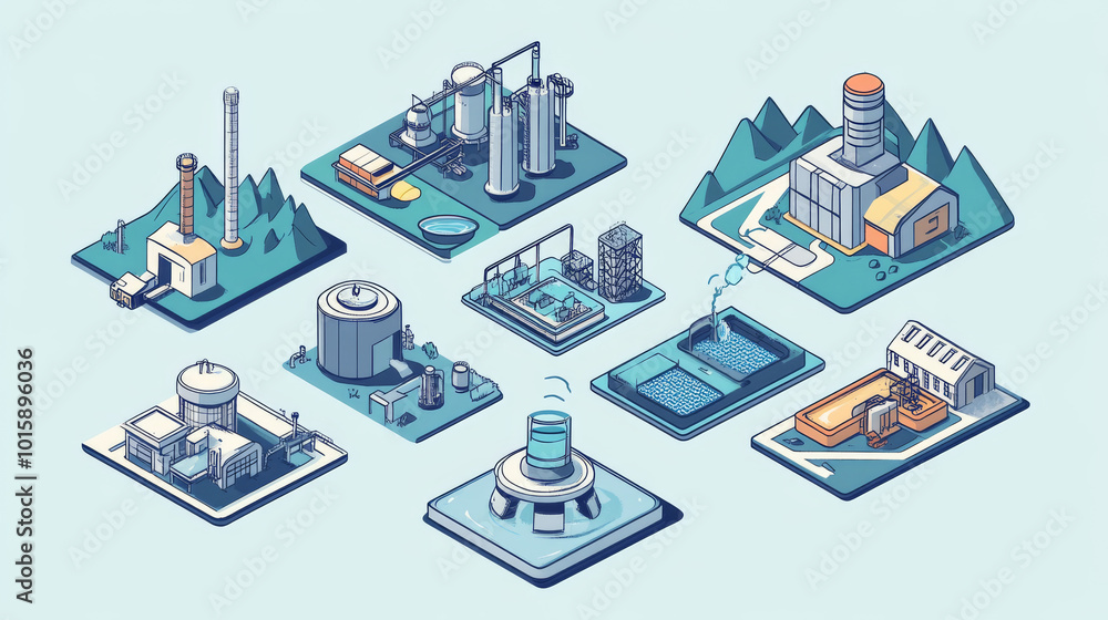 These icons show different steps in water cleaning: a purification plant, lab testing, and transportation. These icons show different steps in water cleaning: a purification plant, lab testing, and transportation.