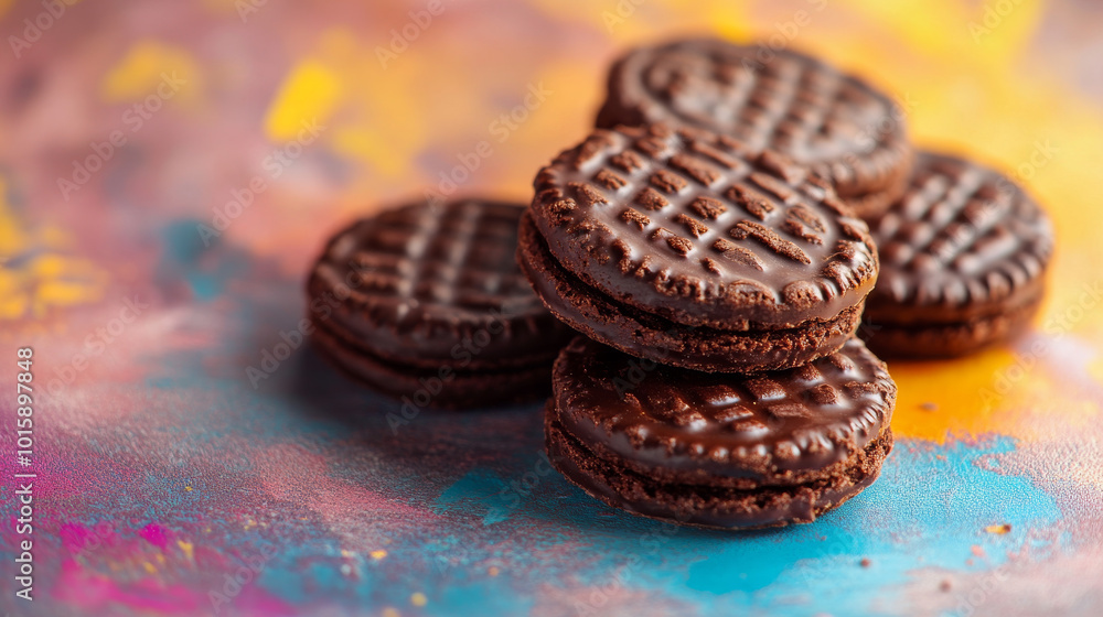 Close-up of chocolate biscuit cookies on a colorful background. The image looks like a real 3D picture. Close-up of chocolate biscuit cookies on a colorful background. The image looks like a real 3D picture.