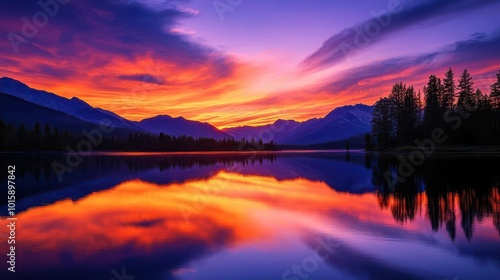 Sunset wallpaper showing beautiful, colorful sunset over a lake with mountains in the background