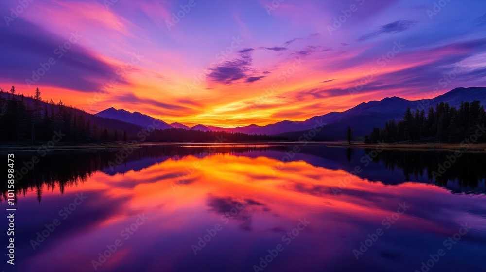 Sunset wallpaper showing beautiful, colorful sunset over a lake with mountains in the background Sunset wallpaper showing beautiful, colorful sunset over a lake with mountains in the background
