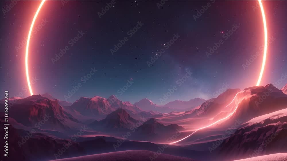 A mysterious planet with a glowing ring dominates a rugged mountain landscape under a starry sky. A mysterious planet with a glowing ring dominates a rugged mountain landscape under a starry sky.