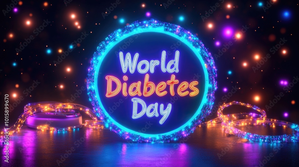 Vibrant neon design celebrating world diabetes day with colorful lights Vibrant neon design celebrating world diabetes day with colorful lights