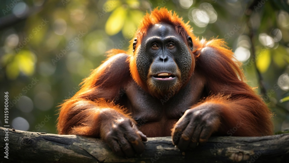 Fototapeta premium A close-up of a stunning orangutan perched on a tree branch in the wild, gazing calmly into the distance, showcasing the intelligence and grace of this endangered species