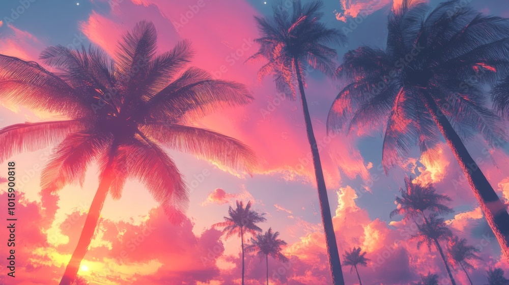 Palm trees silhouetted against a vibrant pink and blue sunset sky. Palm trees silhouetted against a vibrant pink and blue sunset sky.