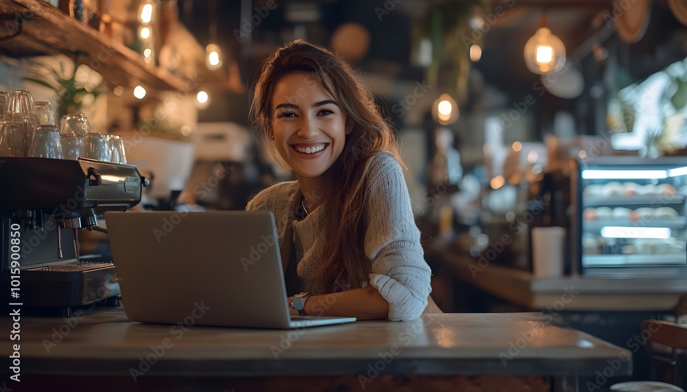 Smiling Woman Working on Laptop in a Cafe Setting Smiling Woman Working on Laptop in a Cafe Setting
