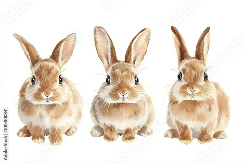 Collection of three watercolour paintings of brown cute rabbits isolated on white background, animal clipart bundle 