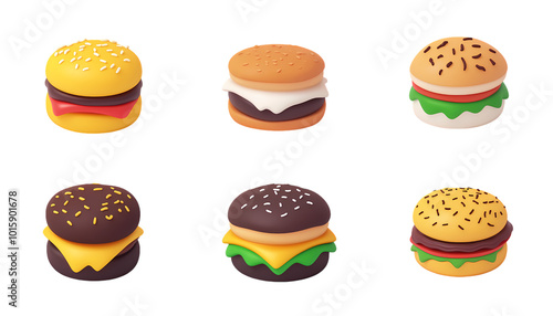 Collection of set 3d Burger icon isolated on transparent background. PNG file, cut out