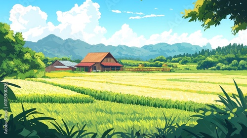 A Rural Farmhouse Amidst Lush Green Fields and Mountains