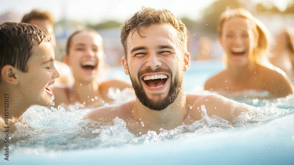 Headshot of happy young friends enjoying in a pool party in a sunny day Headshot of happy young friends enjoying in a pool party in a sunny day