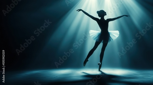 A graceful ballet dancer performs under dramatic spotlight, showcasing elegance and poise in a mesmerizing silhouette.